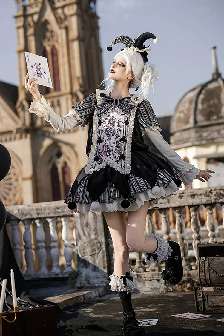 Letters and Poems Doll Mask Poker Clown Long Sleeves Ruffled Bow Gothic Lolita Dress Set