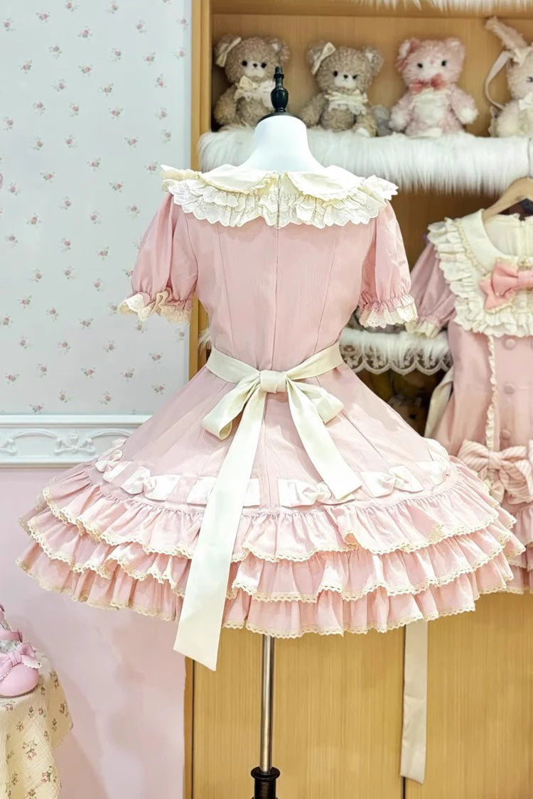 Rose Striped Layered Short Sleeves Multi Ruffle Bow Sweet Princess Lolita Tiered Dress