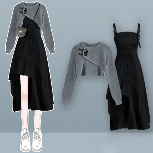 Sweater Buckle Set Irregular Slip Dress