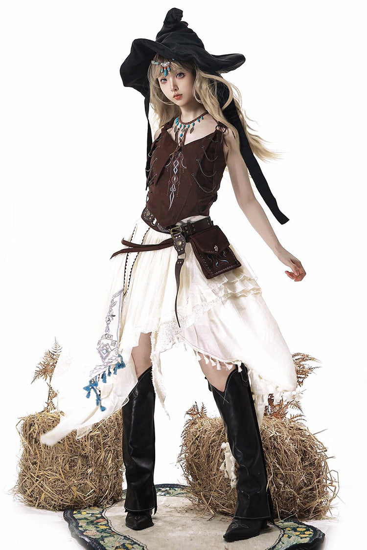 Brown White Dune Shadow Seeker Sleeveless Ruffle Embroidered Irregular Vintage Lolita Skirt Set
