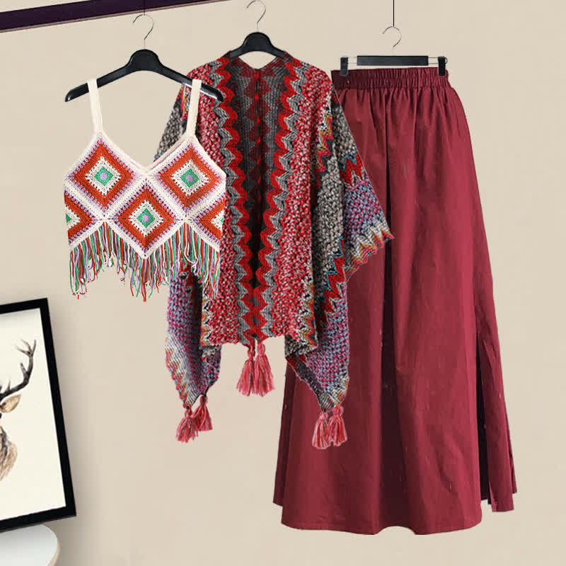 Red Boho Shawl Wrap Fringed Cami Top High Waist Skirt