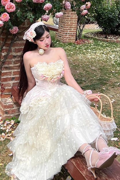 Pink Floral Love Ruffle Bow Lace Elegant Lolita Maxi Set