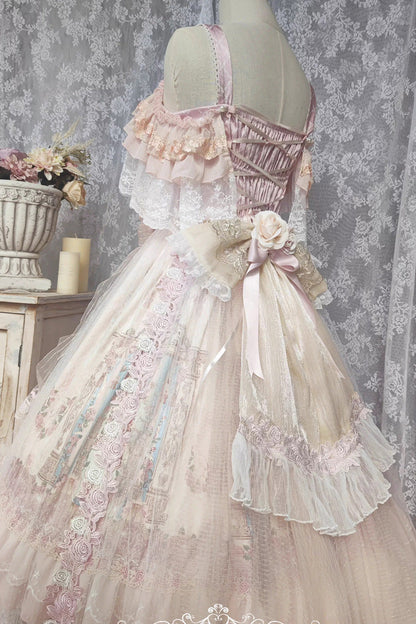 Rose Moonlight Melody Off Shoulder Sleeveless Layered Bride Open Front Bow Lace Gorgeous JSK Set