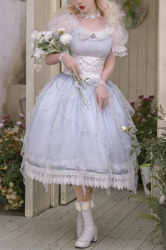 Blue Round-Collar Mermaid Tears Short-Sleeved Bow-Trim Sweet Princess Lolita Dress