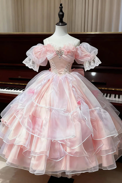 Rose Mist Sea Halter Neck Short Sleeve Layered Ruffles Bride Bow Lace Plus Sweet Dress