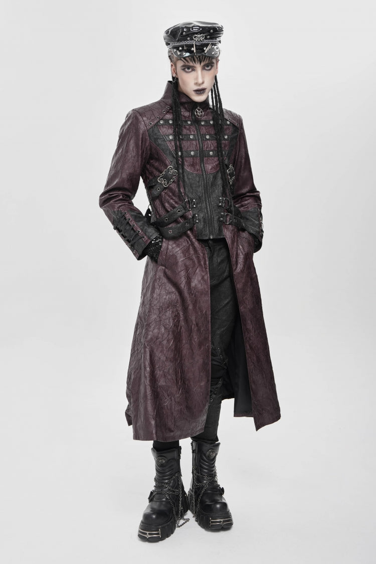 Crimson Mandarin Collar Zip Strap Eyelet Men's Punk Coat