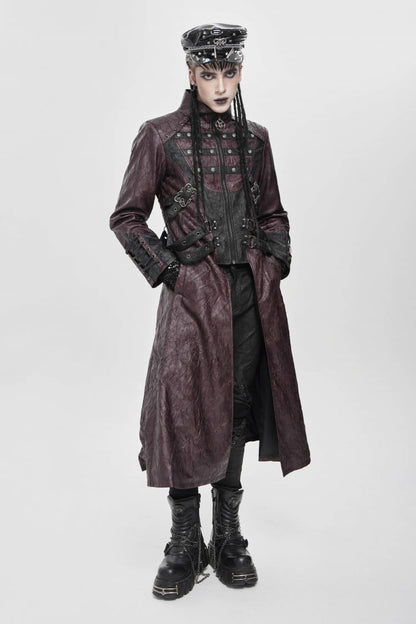 Crimson Mandarin Collar Zip Strap Eyelet Men's Punk Coat