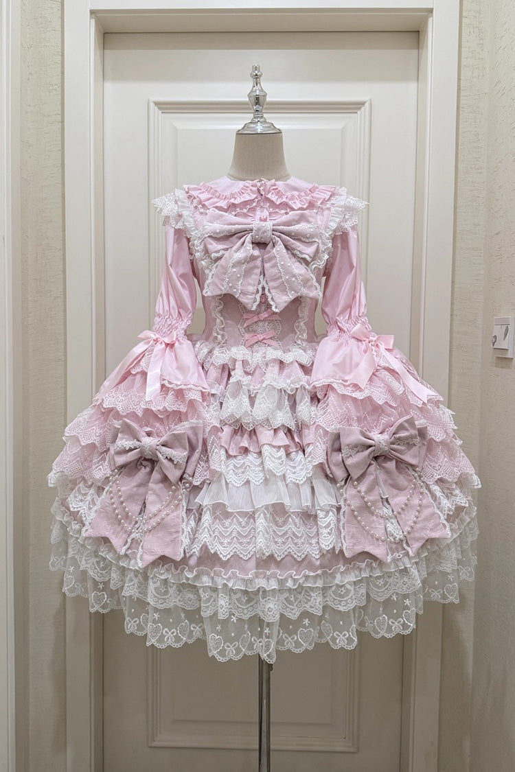 Pink Crossed Heart Knot Sleeveless Multi-Layered Ruffle Hanayome Cardigan Bow Lace Lace-Up Sweet Jsk Dress