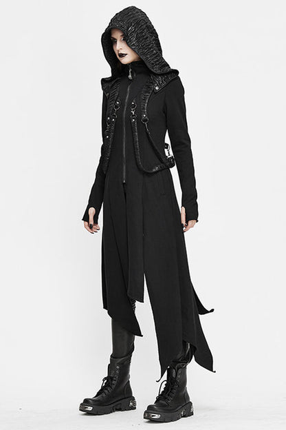 Women's Punk Slim Knitted Hooded Long Coat with Zip Front