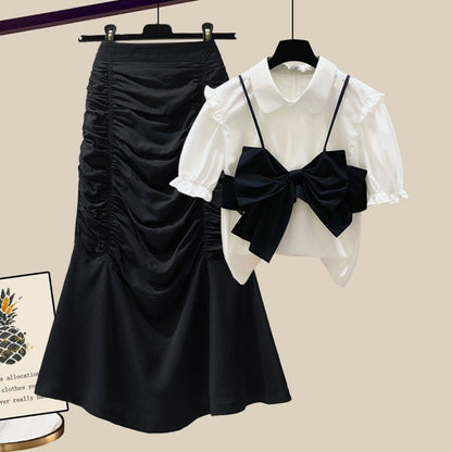High Ruffled Set Bow T-Shirt Knot Skirt Waist