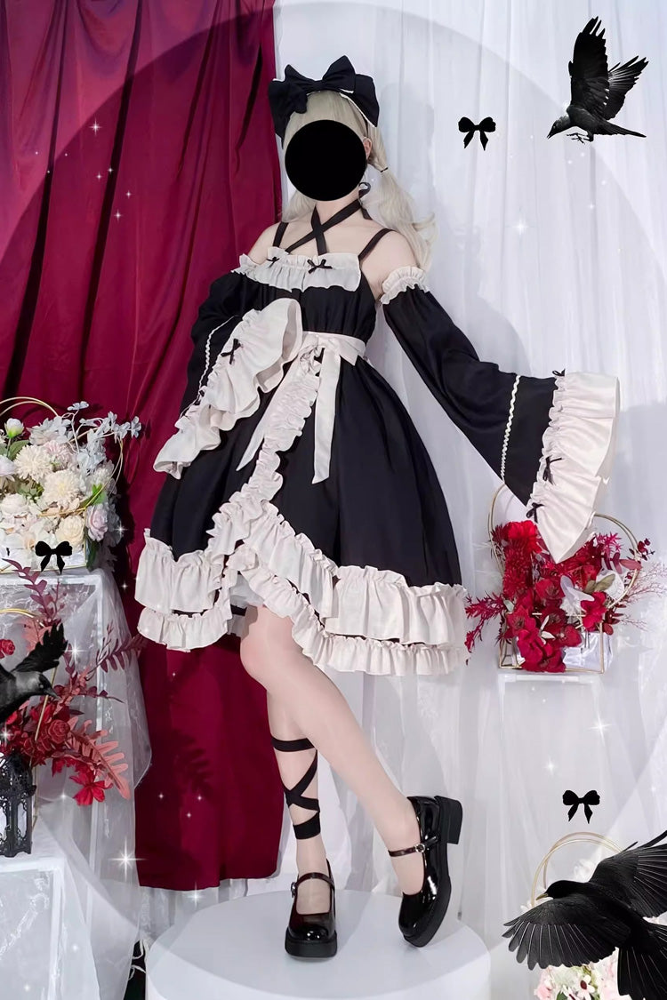 High-Waisted Asymmetric Ruffled Bowknot Gothic JSK
