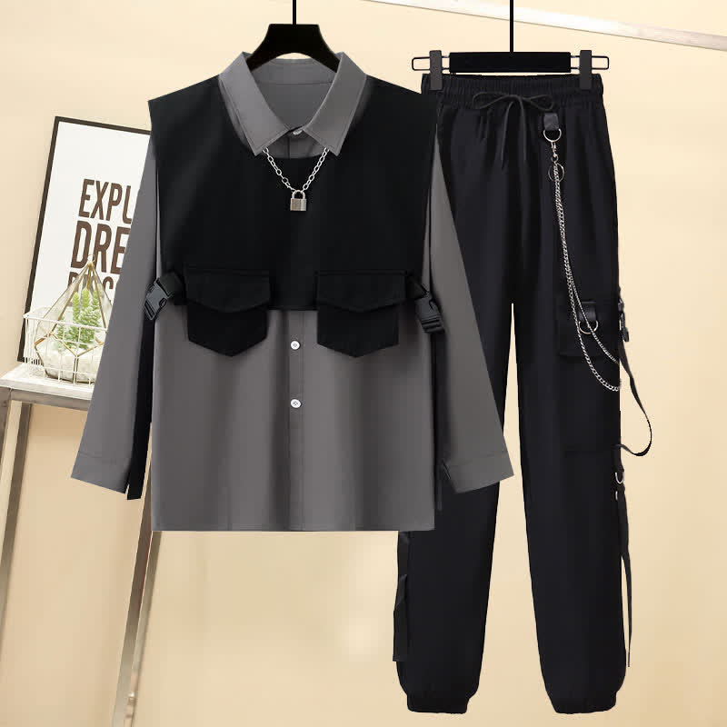 Vest Black Buckle Chain Pants Pocket Cargo T-Shirt Shorts