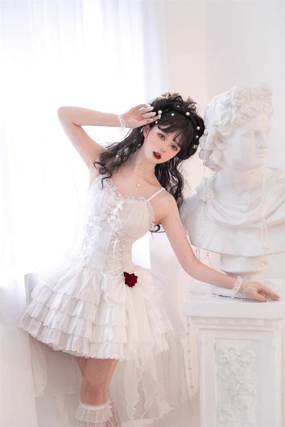 White High Waisted Multi-layer Rose Bowknot Lace-Up Gothic Lolita Jsk Dress