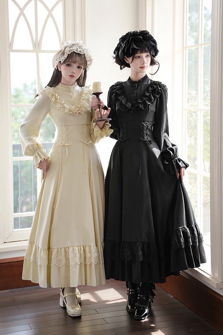 Stand Collar Gothic Dress with Long Sleeves and Lace-Up Ruffled Bow - Letters & Poems · Day and Night