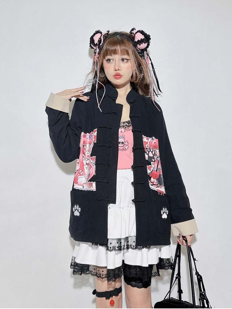 Black Anime Banded Collar Oversized Top