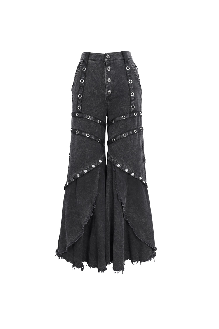 Flared Punk Pants with Ruffled Hem and Eyelet Details