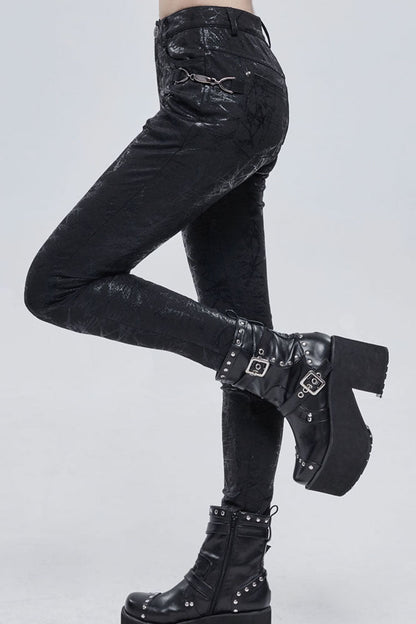 Morbid Metallic Buckle Accent Knit Faux Leather Leggings