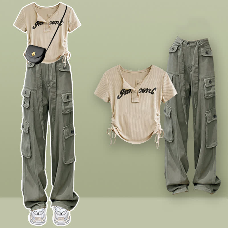 Casual Letter Print Drawstring Crop Top T-Shirt Pocketed Cargo Pants