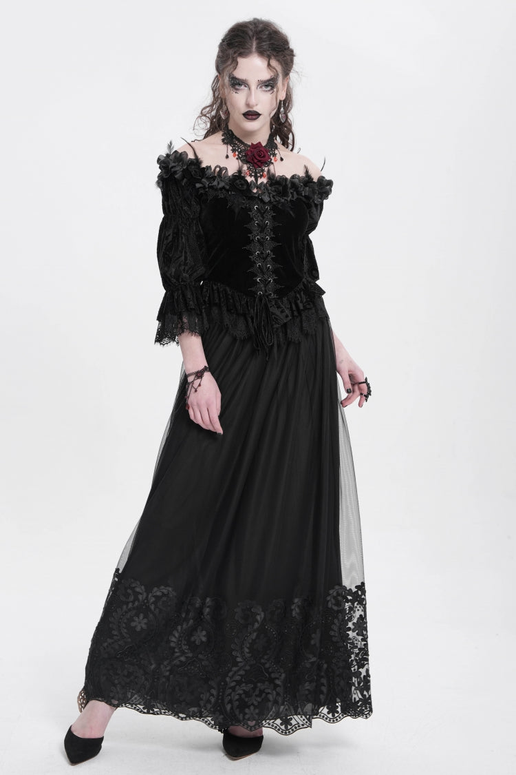 Women's Gothic Floral Mesh Skirt with Black Stitching
