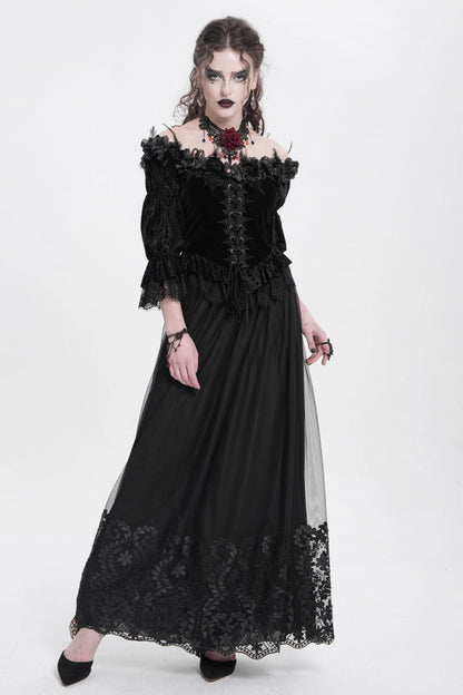 Women's Gothic Floral Mesh Skirt with Black Stitching