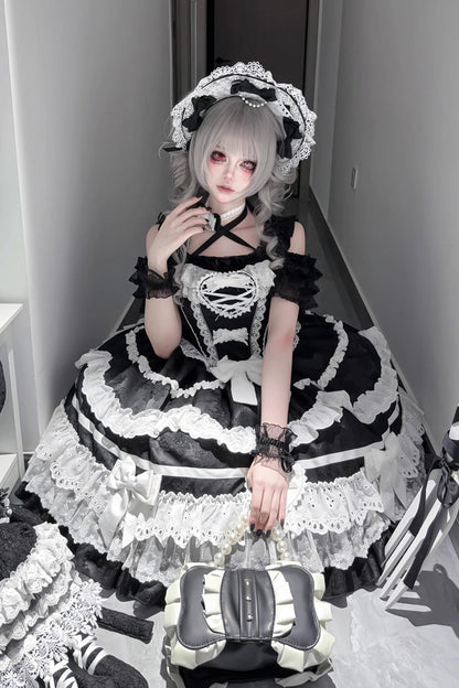 Black White Super Cute Belia Sleeveless Triple-Layered Ruffle Bowknot Lace Gothic Elegant Lolita Jsk Dress
