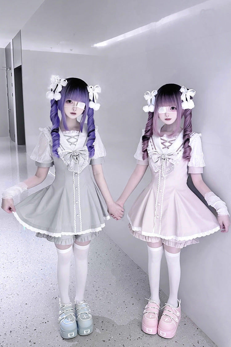 Print Bowknot Jirai Kei Japanese Dress Set