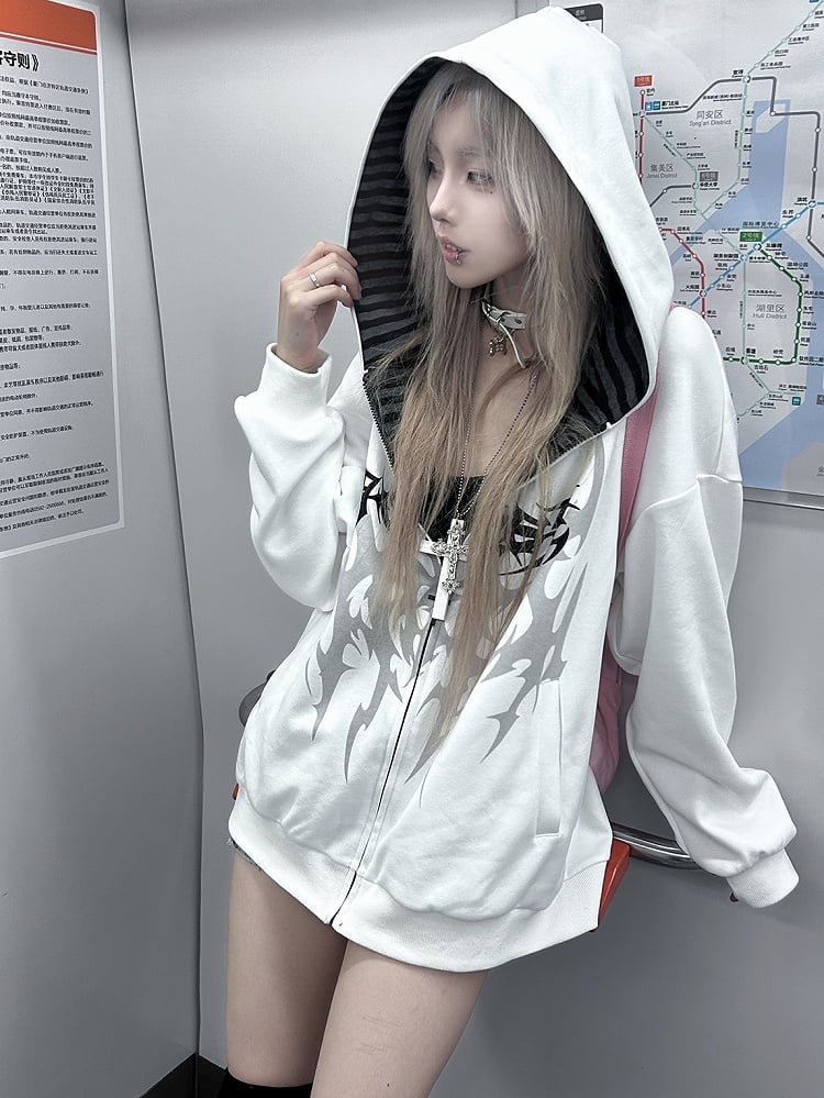 White Emo Punk Graphic Zip Hoodie