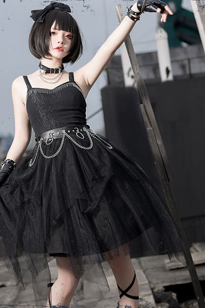 Black Sleeveless Punk JSK Dress with Crow Motif - Gothic Lolita