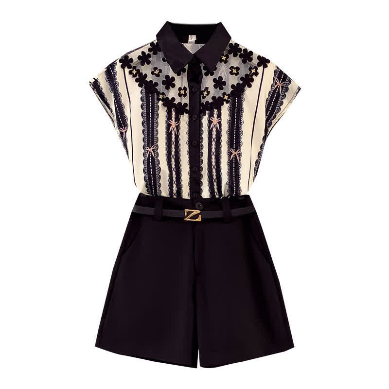 T-Shirt Mesh Casual Belted Print Chiffon Shorts Stripe