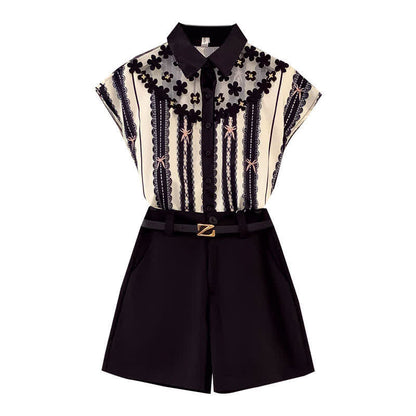 T-Shirt Mesh Casual Belted Print Chiffon Shorts Stripe