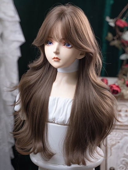 Brown 71CM Length Wavy Wig With Air Bangs
