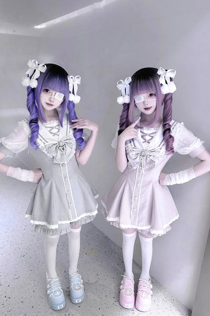Print Bowknot Jirai Kei Japanese Dress Set