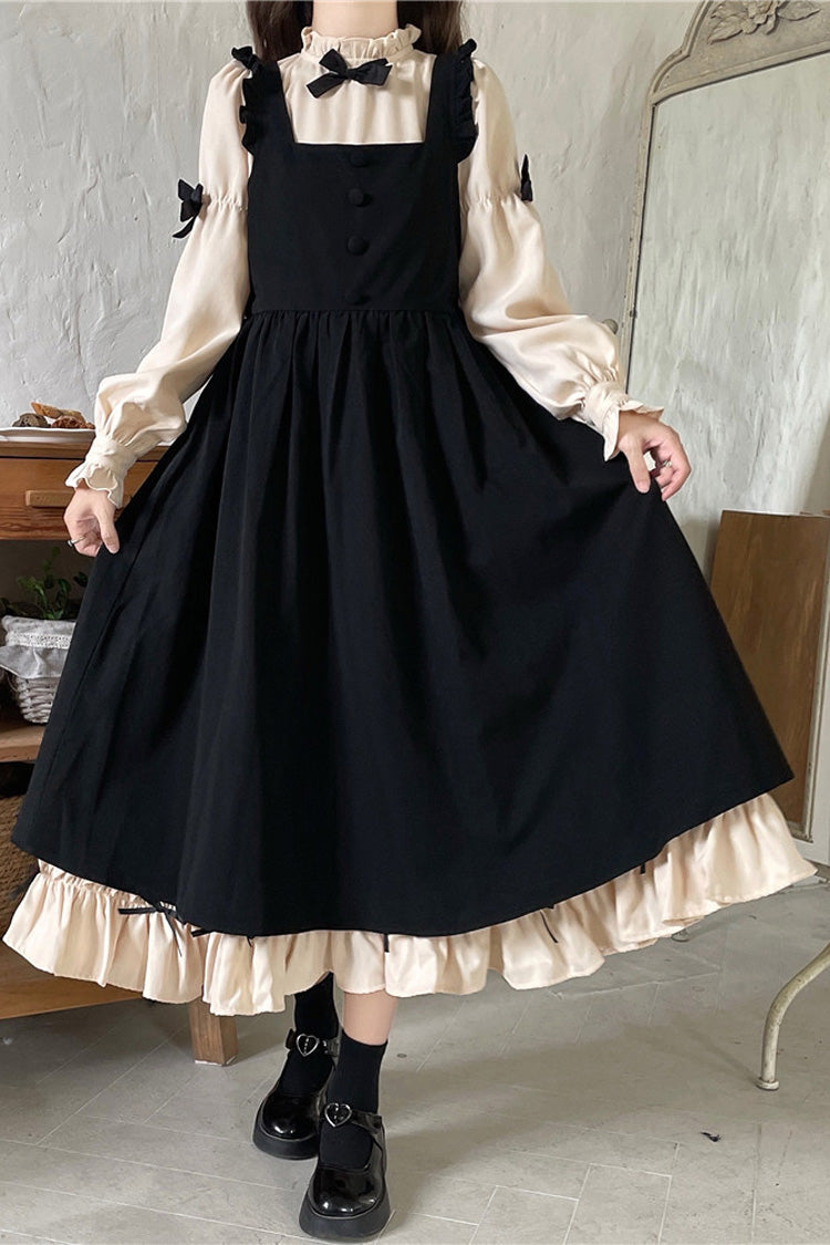 Black/Apricot Sweet Lolita Japanese Puff-Sleeved Ruffle Bowknot Dress
