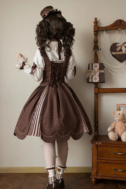 Brown Teddy Chocolate Bar Print Embroidered Bow Lace-Up Classic Lolita JSK Skirt