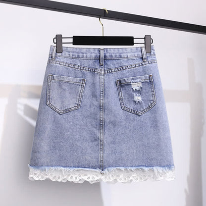 High T-Shirt Denim Skirt Bowknot Waist Knitted