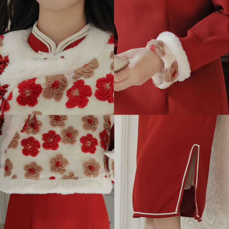 Robe Cheongsam à nœud et gilet à boucle à fleurs rouges