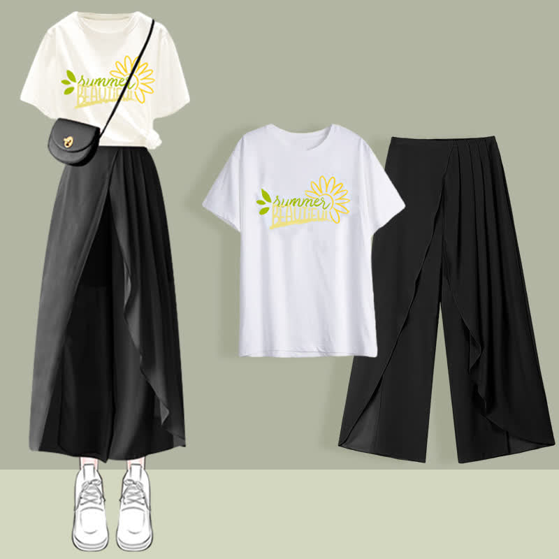 Pleated Split T-Shirt Pants Printed Set Chiffon