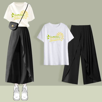 Pleated Split T-Shirt Pants Printed Set Chiffon