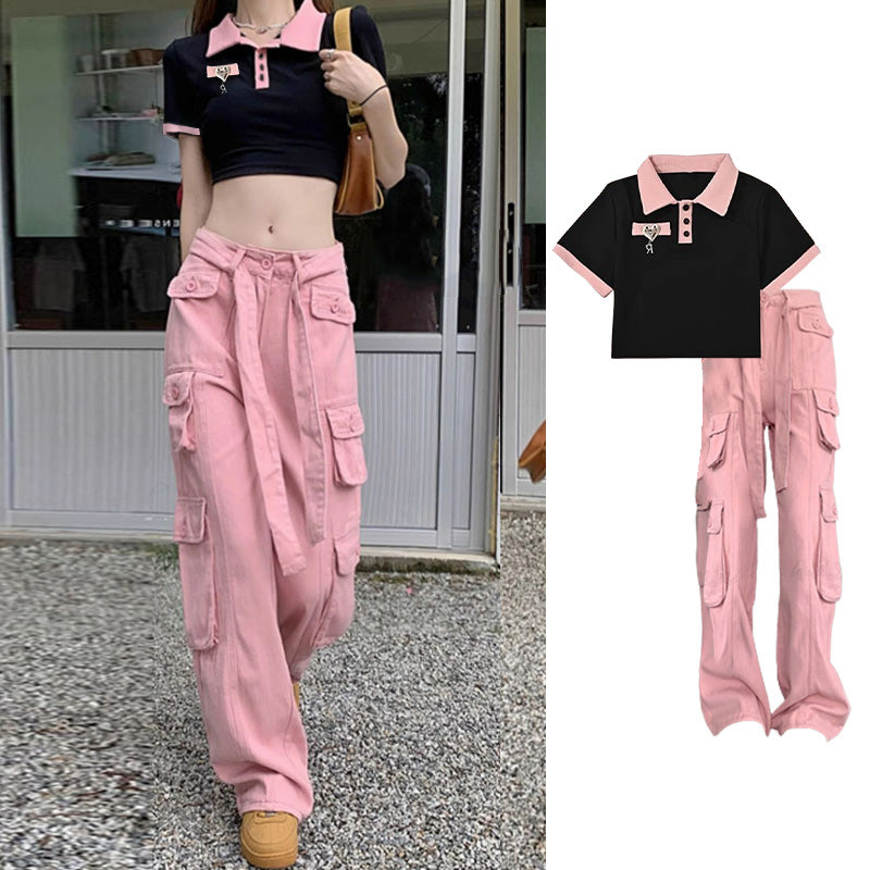 T-shirt court vintage Love Heart avec pantalon cargo rose