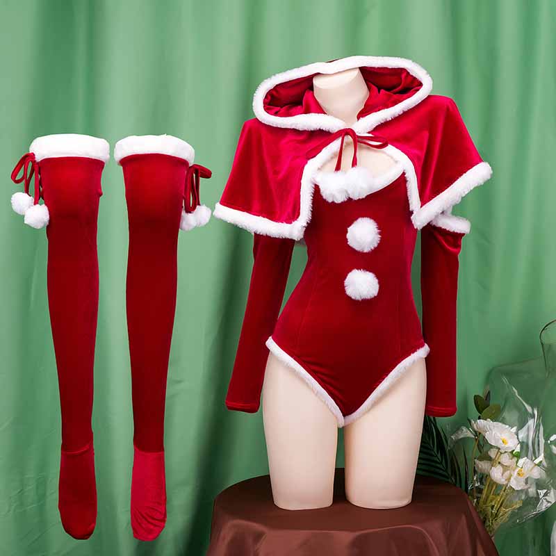 Christmas Fuzzy Ball Hooded Cloak Jumpsuit Lingerie Set