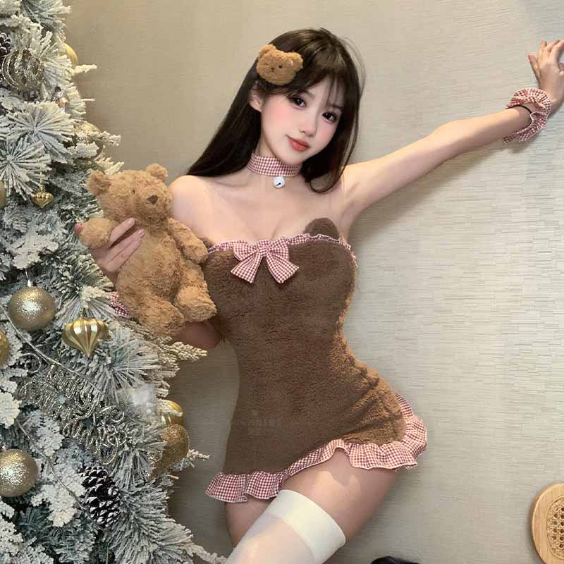 Cosplay Maid Plaid Bear Plush Lingerie Set