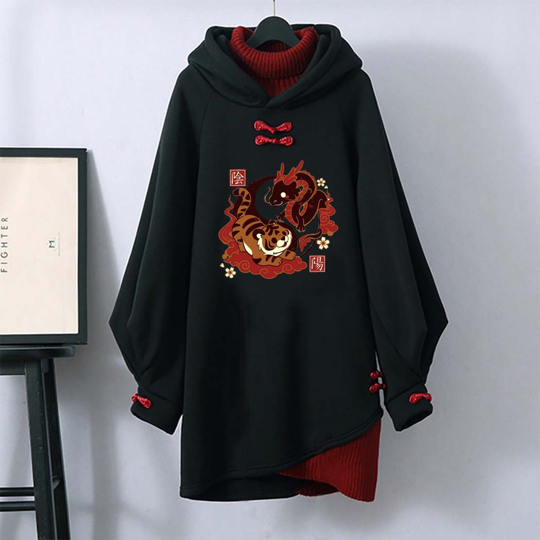 Robe sweat-shirt à capuche vintage avec boucle et imprimé tigre et dragon