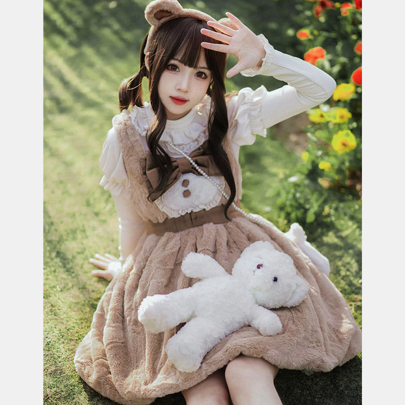 Lolita Bowknot Plush Overalls Puff Sleeve Lace Shirt