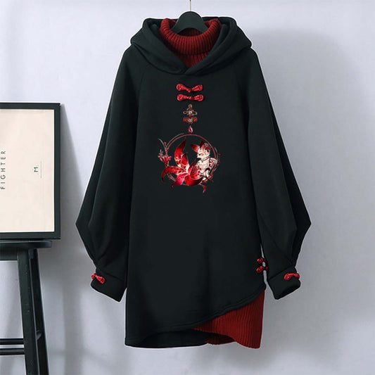 Black Fox Buckle Long Hooded Sweatshirt Dress