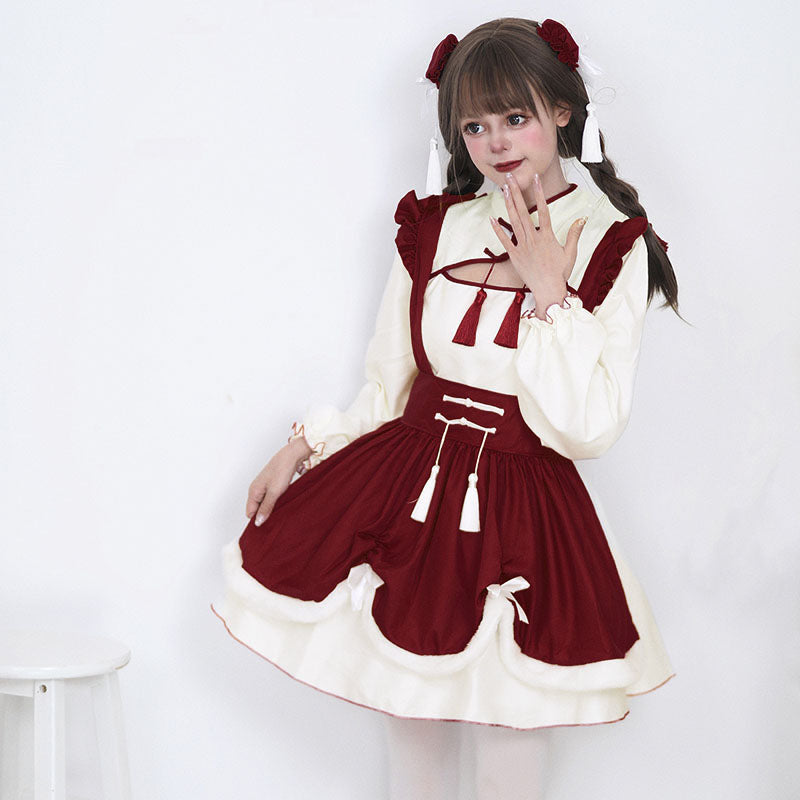 Sweet Red Buckle Tassel Lolita Maid Dress