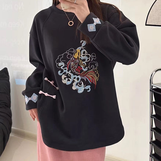 Charming Koi Fish Embroidery Round Collar Sweatshirt