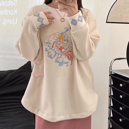 Charmantes Sweatshirt mit rundem Kragen und Koi-Fisch-Stickerei