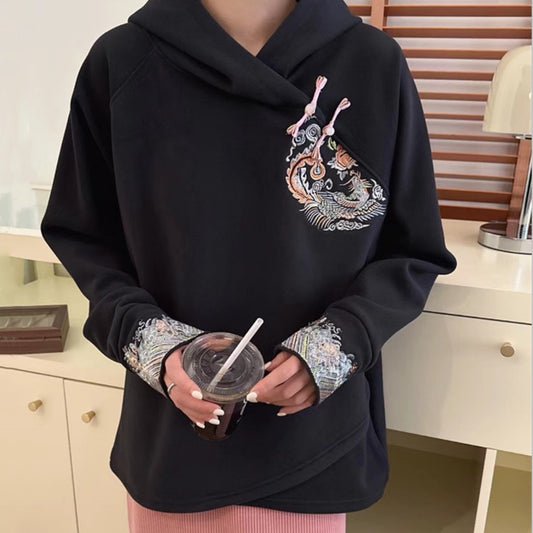 Stylish Embroidery Oblique Plush Hoodie