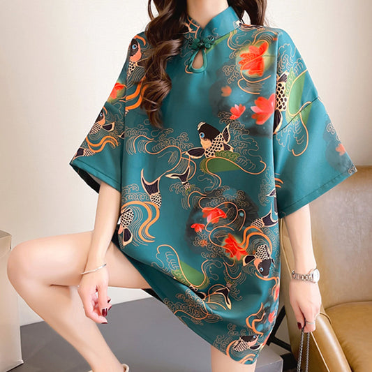 Robe cheongsam à manches courtes avec broderie florale vintage