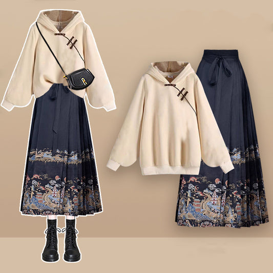 Casual Buckle Plush Hoodie Exquisite Embroideried Pleated Skirt